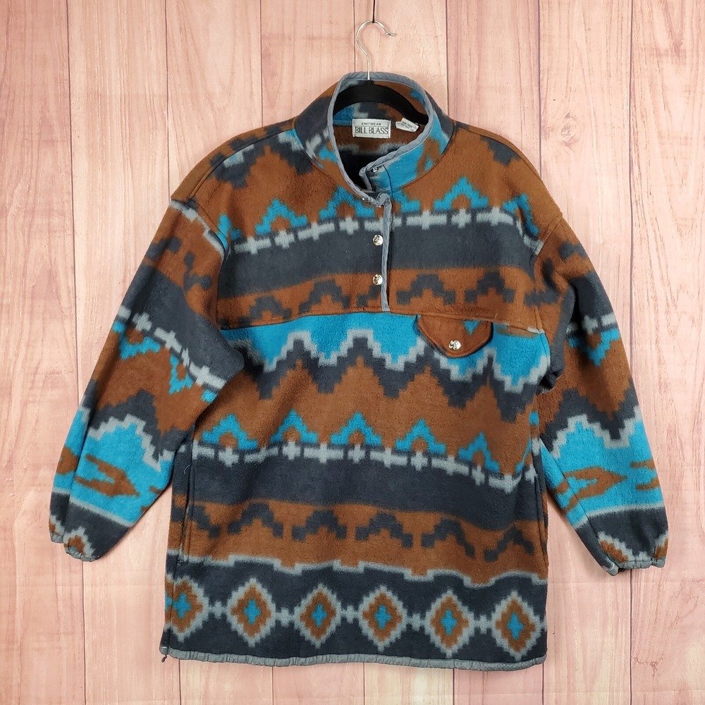 Vintage Bill Blass Knit Wear Aztec Pullover Fleece Sz L Snap Button Synchilla